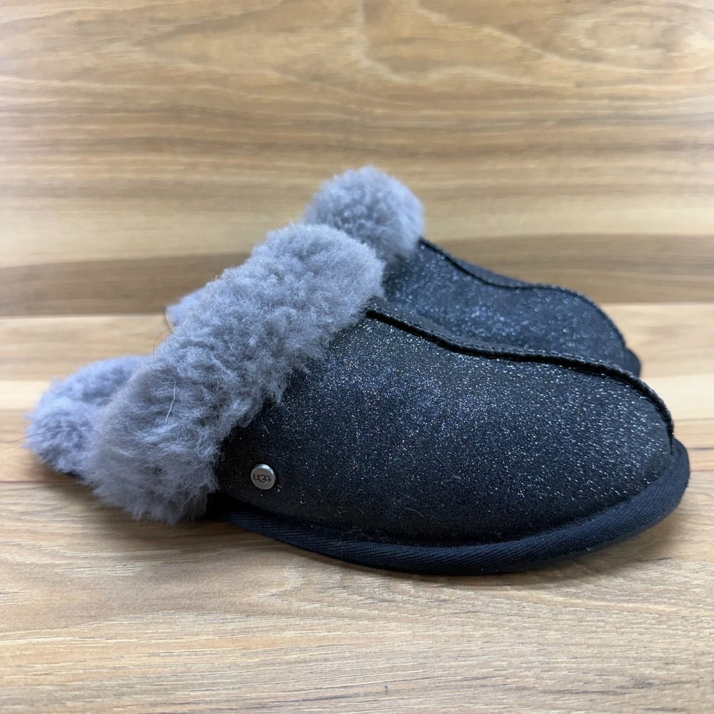 UGG Scuffette Slippers Glitter Womens 6 Black Gray‎ Shearling Shearling Fur